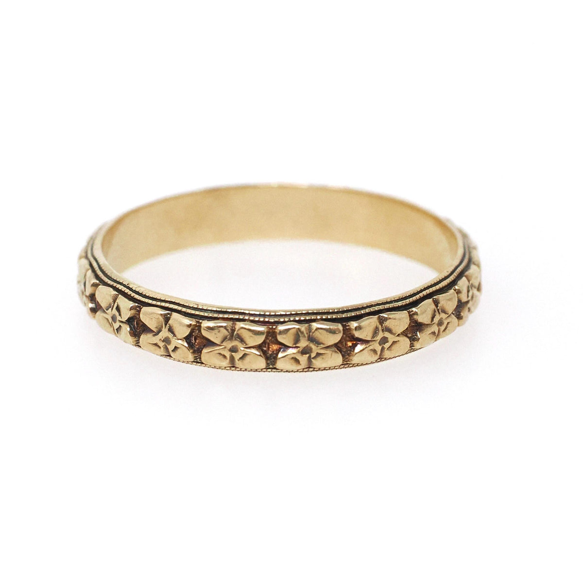 Vintage Orange Blossom Band - Art Deco 14k Yellow Gold 4 MM Floral Eternity Designs Ring - Circa 1930s Era Size 12 1/4 Stacking Fine Jewelry
