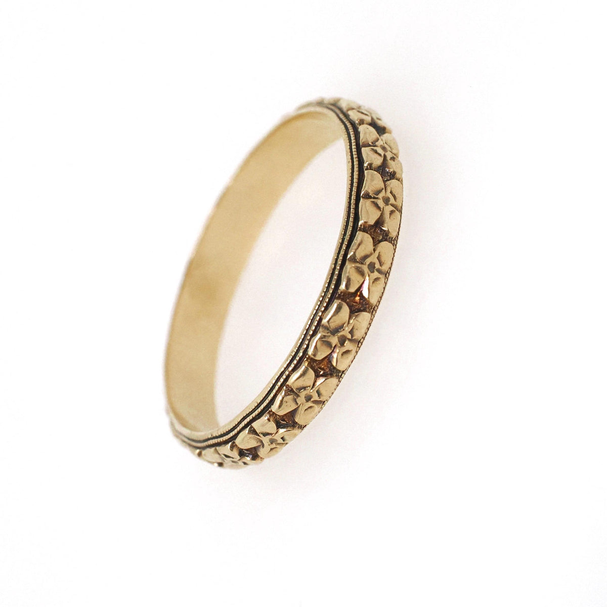 Vintage Orange Blossom Band - Art Deco 14k Yellow Gold 4 MM Floral Eternity Designs Ring - Circa 1930s Era Size 12 1/4 Stacking Fine Jewelry