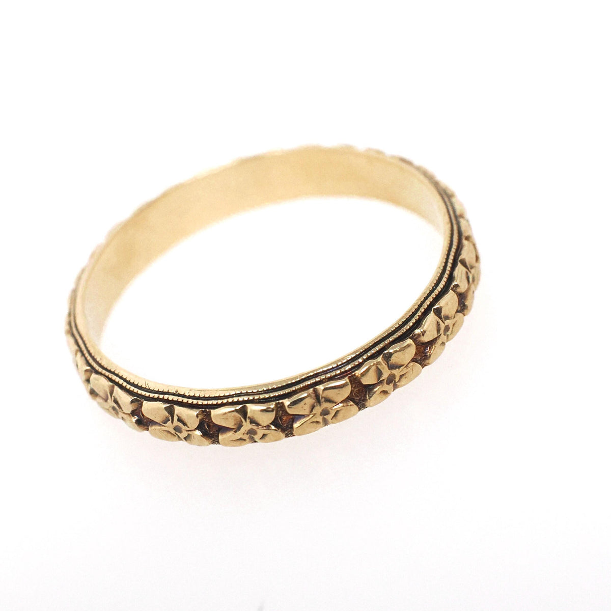 Vintage Orange Blossom Band - Art Deco 14k Yellow Gold 4 MM Floral Eternity Designs Ring - Circa 1930s Era Size 12 1/4 Stacking Fine Jewelry