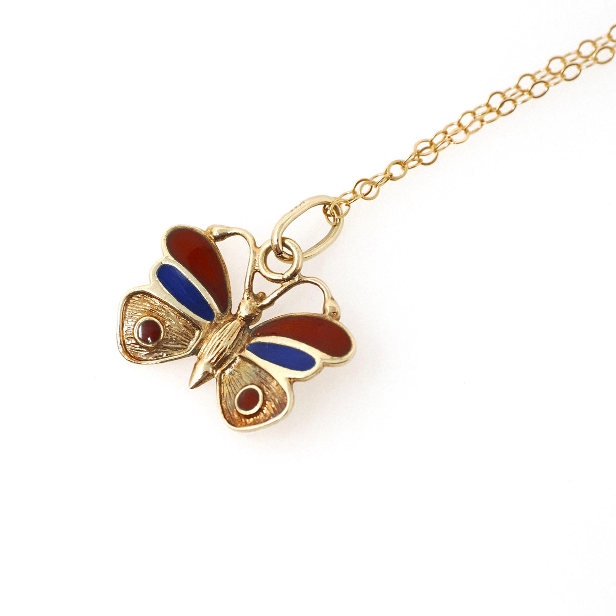 Vintage Butterfly Necklace - Estate 14k Yellow Gold Red Blue Enamel Colorful Pendant Charm - Contemporary Circa 2000s Era Fine Jewelry