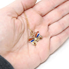 Vintage Butterfly Necklace - Estate 14k Yellow Gold Red Blue Enamel Colorful Pendant Charm - Contemporary Circa 2000s Era Fine Jewelry