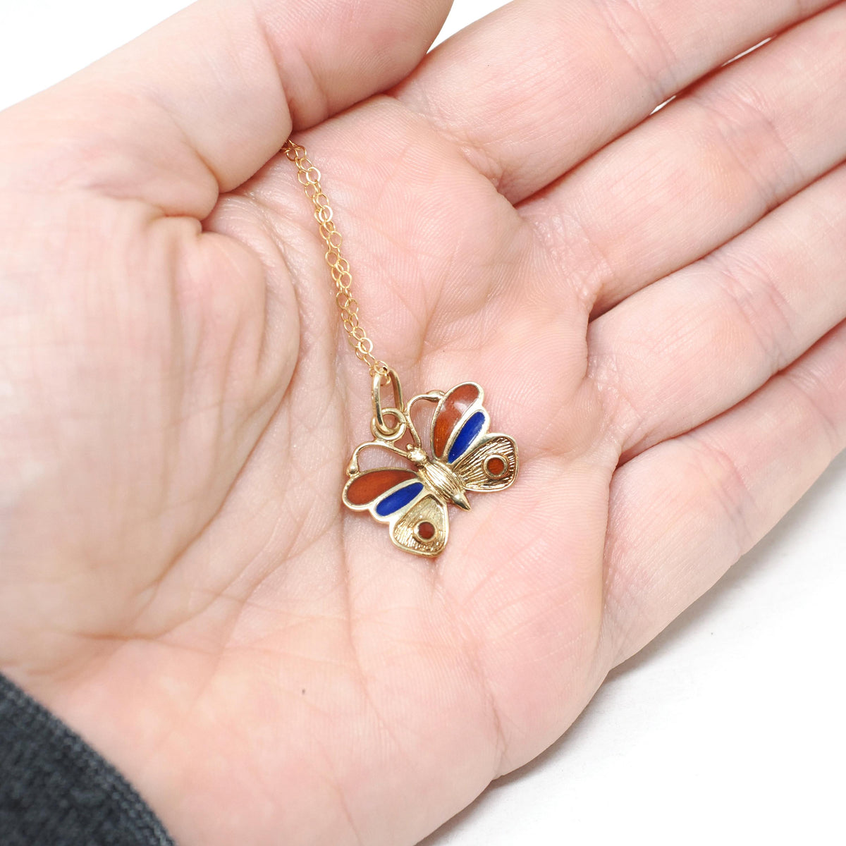 Vintage Butterfly Necklace - Estate 14k Yellow Gold Red Blue Enamel Colorful Pendant Charm - Contemporary Circa 2000s Era Fine Jewelry