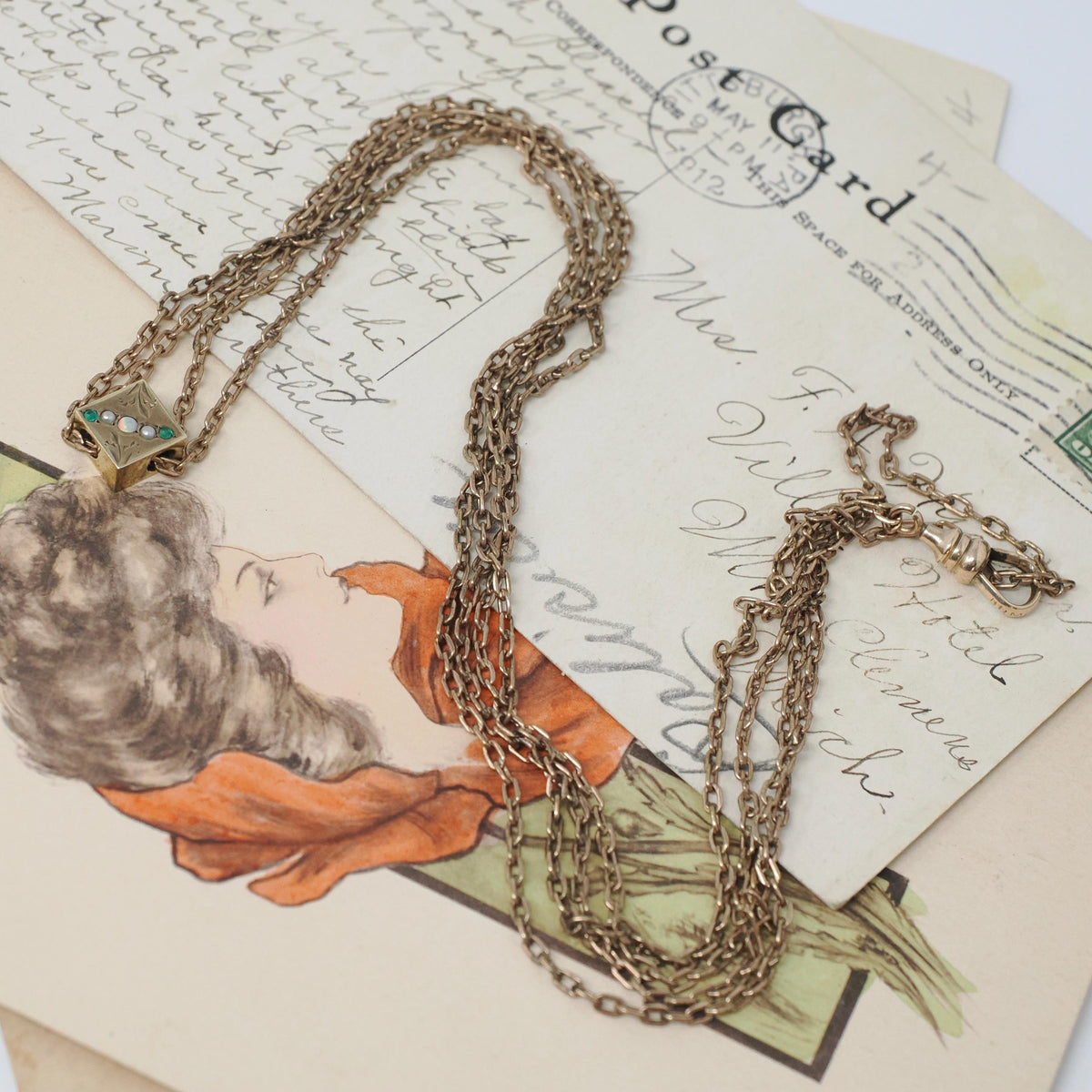 Antique Lorgnette Chain - Edwardian Gold Filled Square Opal Glass Necklace - Vintage Circa 1900s Era Curb Links Dog Clip Charm Slide Jewelry
