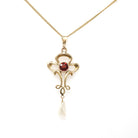 Antique Lavalier Necklace - Edwardian 10k Yellow Gold Natural Red Garnet Baroque Pearl Charm Pendant - Vintage Circa 1910s Era Fine Jewelry