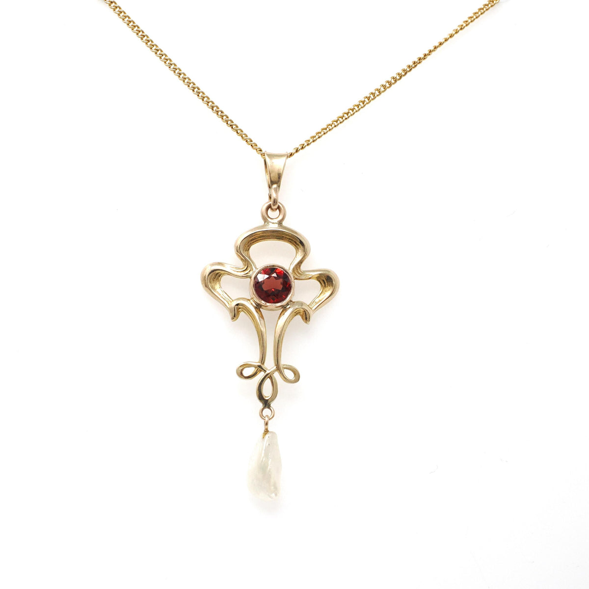 Antique Lavalier Necklace - Edwardian 10k Yellow Gold Natural Red Garnet Baroque Pearl Charm Pendant - Vintage Circa 1910s Era Fine Jewelry