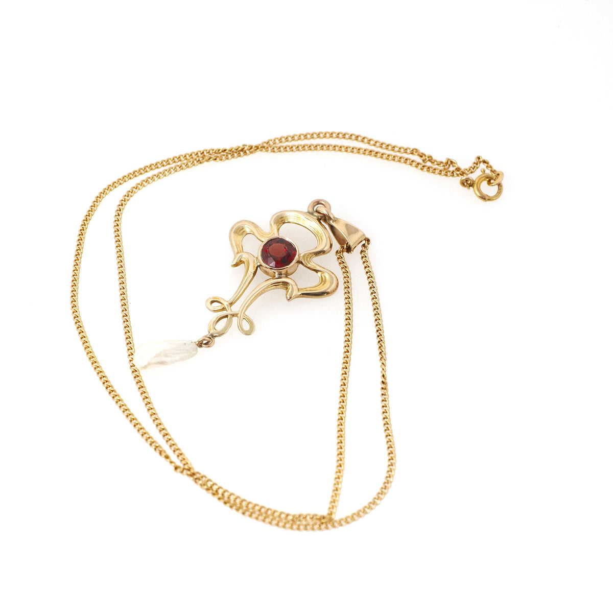 Antique Lavalier Necklace - Edwardian 10k Yellow Gold Natural Red Garnet Baroque Pearl Charm Pendant - Vintage Circa 1910s Era Fine Jewelry