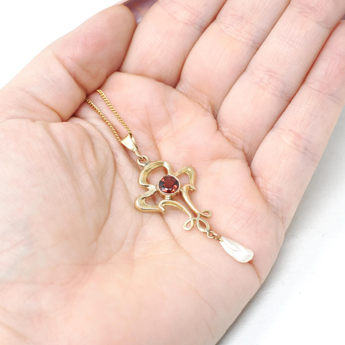Antique Lavalier Necklace - Edwardian 10k Yellow Gold Natural Red Garnet Baroque Pearl Charm Pendant - Vintage Circa 1910s Era Fine Jewelry