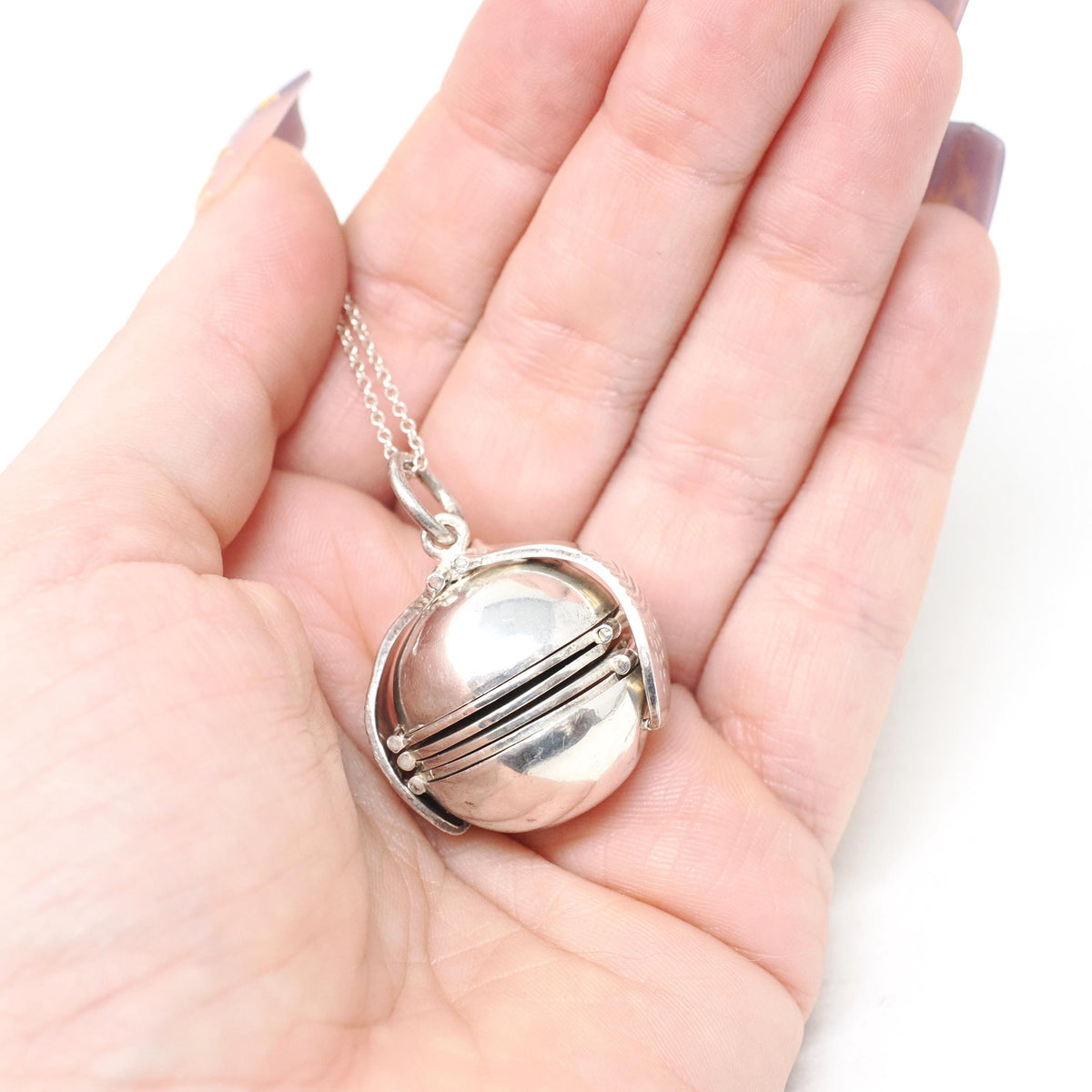 Estate Ball Locket - Modern Sterling Silver Expanding Globe Fob Pendant Necklace - Vintage Hinged Compartment Pendant Open Metal Orb Jewelry