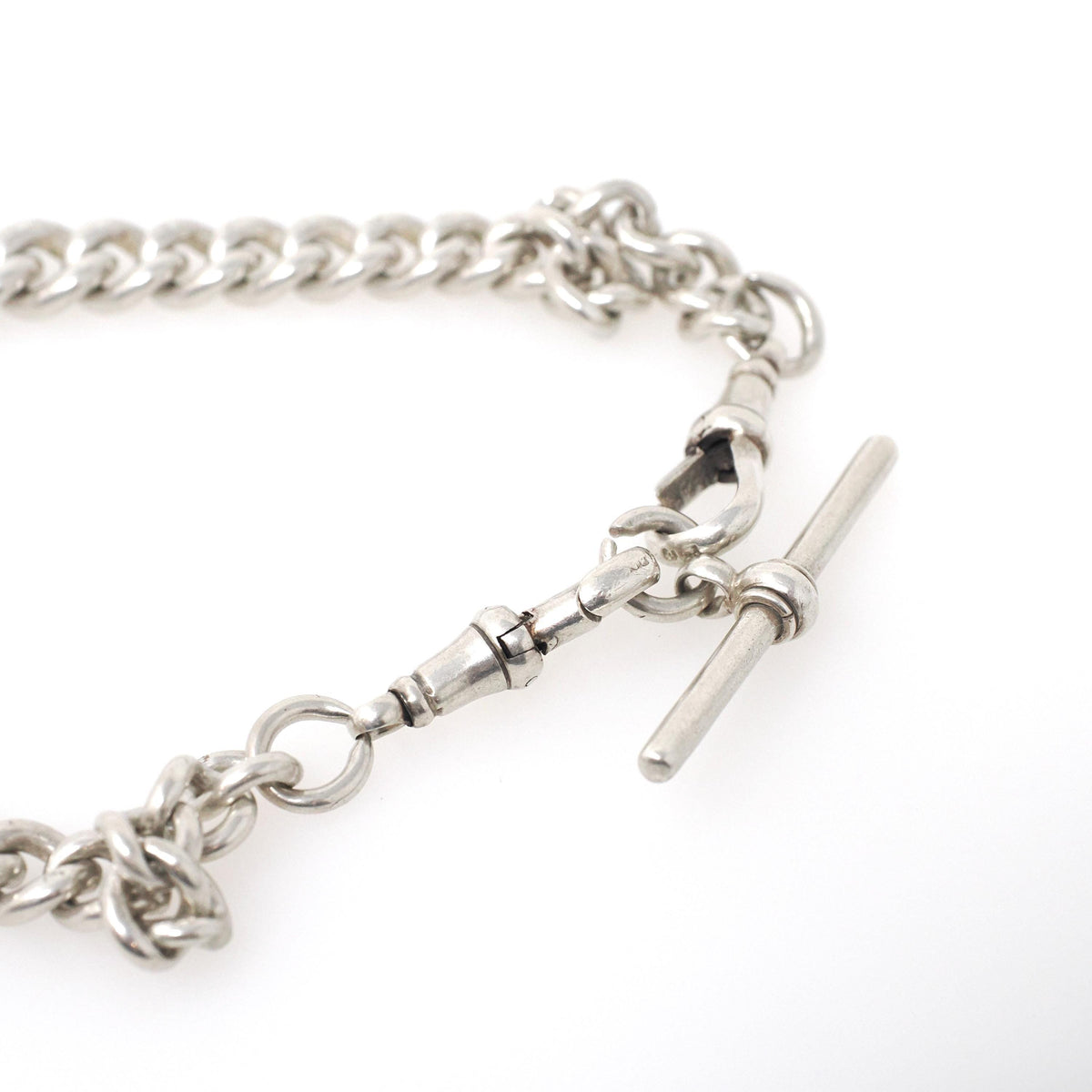 Pocket Watch Chain & Fob - Late Victorian Edwardian Sterling Silver English Hallmark Curb Link Necklace - Antique Circa 1900s Fine Jewelry