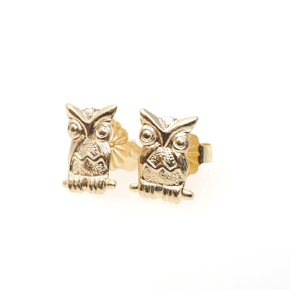 Figural Owl Earrings - Contemporary 14k Yellow Gold Friction Post Push Back Studs - Estate 2000s Perched Bird & Branch Dainty Fine Jewelry