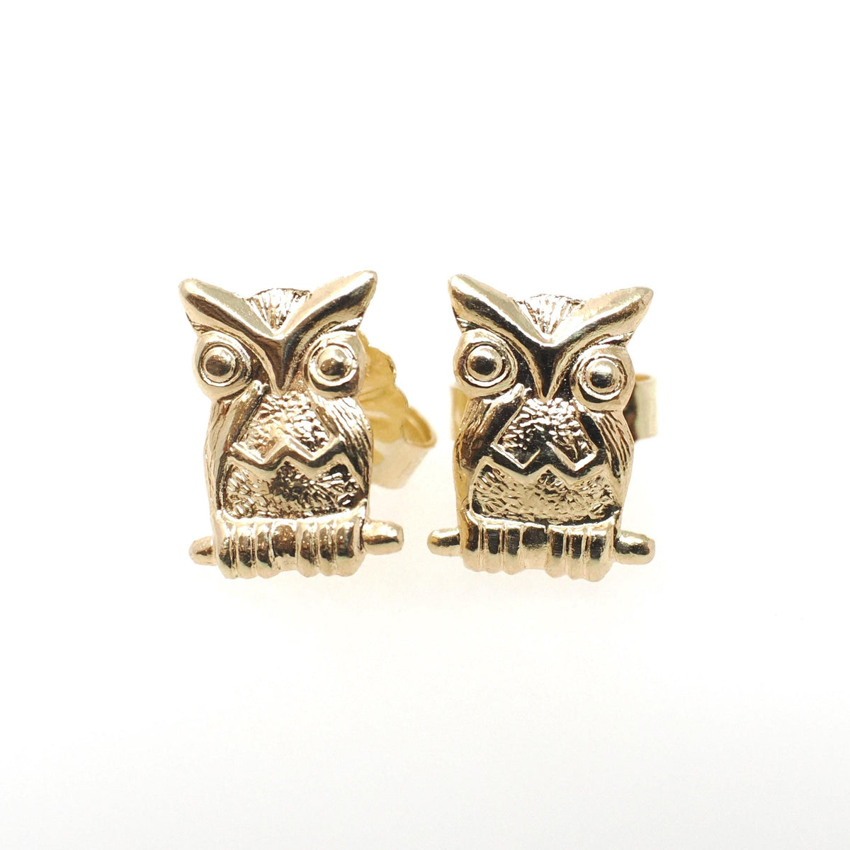 Figural Owl Earrings - Contemporary 14k Yellow Gold Friction Post Push Back Studs - Estate 2000s Perched Bird & Branch Dainty Fine Jewelry