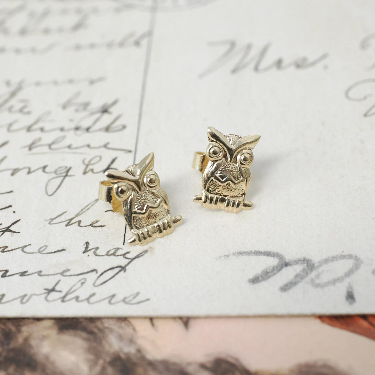 Figural Owl Earrings - Contemporary 14k Yellow Gold Friction Post Push Back Studs - Estate 2000s Perched Bird & Branch Dainty Fine Jewelry
