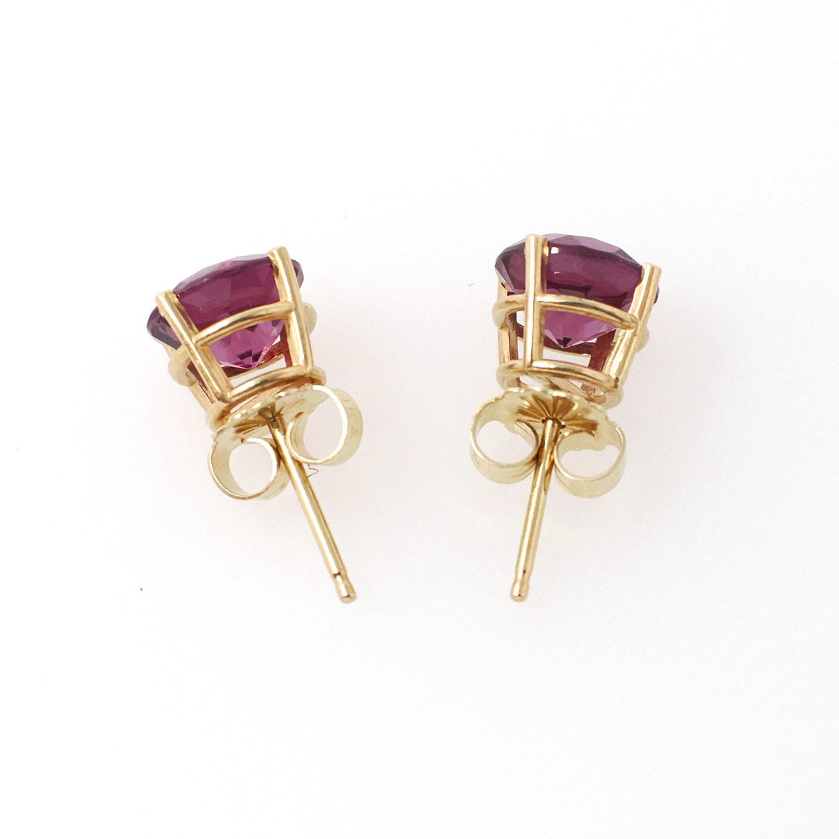 Rhodolite Garnet Earrings - Contemporary 14k Yellow Gold Pierced Push Backs Studs - Circa 2000's Round Faceted 2.96 CTW Gems Fine Jewelry