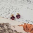 Rhodolite Garnet Earrings - Contemporary 14k Yellow Gold Pierced Push Backs Studs - Circa 2000's Round Faceted 2.96 CTW Gems Fine Jewelry