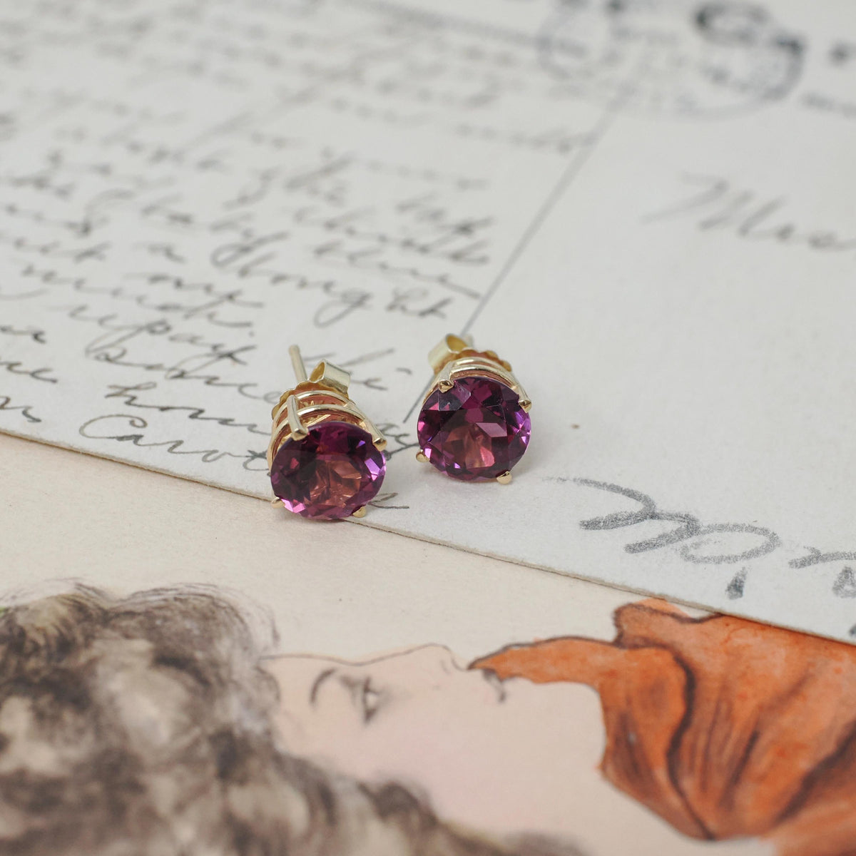 Rhodolite Garnet Earrings - Contemporary 14k Yellow Gold Pierced Push Backs Studs - Circa 2000's Round Faceted 2.96 CTW Gems Fine Jewelry