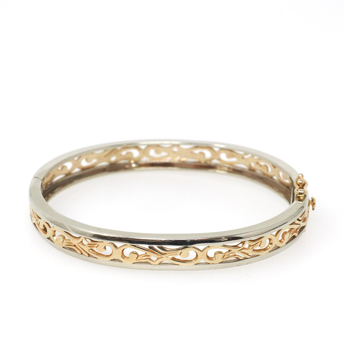 Two Tone Bracelet - Contemporary 14k Yellow & White Gold Open Metal Swirl Design Bangle - Vintage Circa 1990s Era Fine Statement Jewelry