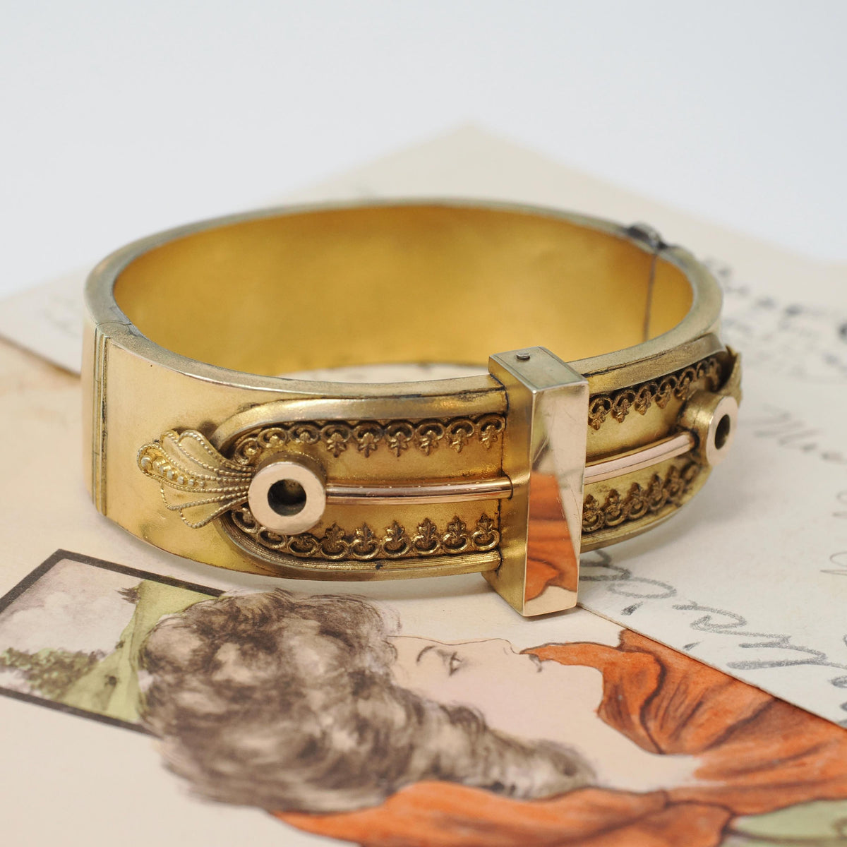 Etruscan Revival Bracelet - Victorian Gold Filled Industrial Style Hinged Bangle Design - Circa 1880s Era Filigree Patina Fashion Jewelry