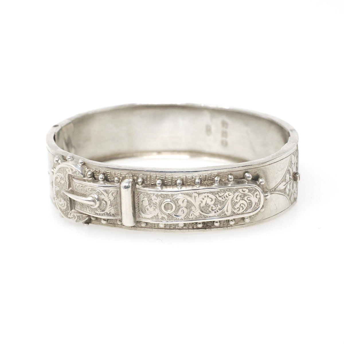 English Buckle Bracelet- Antique Sterling Silver Dated 1887 Engraved Floral Paisley Bangle - Victorian Era Birmingham Fine Statement Jewelry