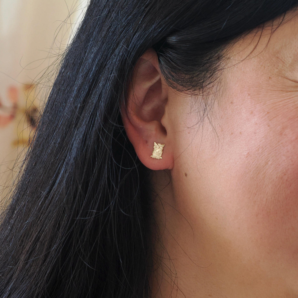 Figural Owl Earrings - Contemporary 14k Yellow Gold Friction Post Push Back Studs - Estate 2000s Perched Bird & Branch Dainty Fine Jewelry