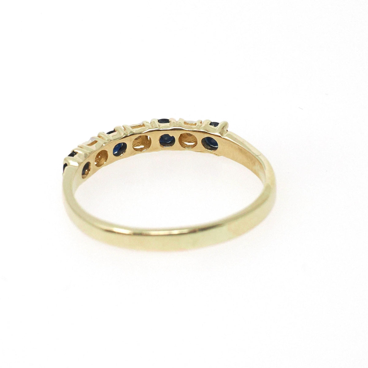 Sapphire & Diamond Band - Contemporary 10k Yellow Gold Natural Seven Gemstone Ring - Estate Circa 2000s Era Size 8 Fine Stacking Jewelry