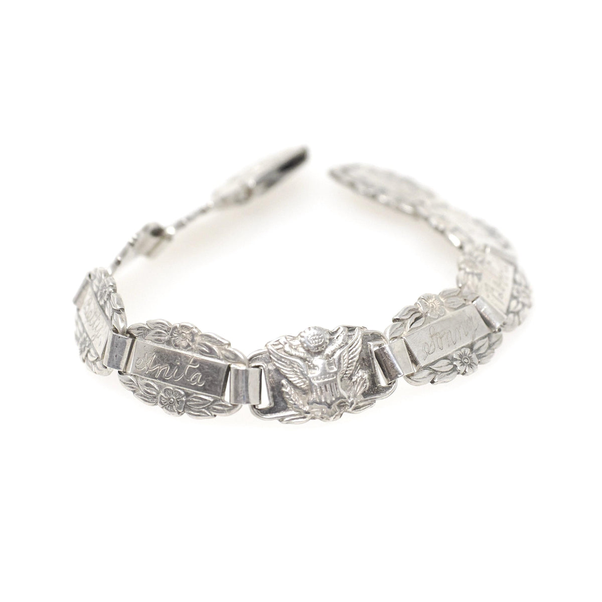 Forget Me Not Bracelet - Retro Sterling Silver Engraved Floral Panels 6.75 Inches - Vintage Circa 1940s Engraved Names Flower Family Jewelry