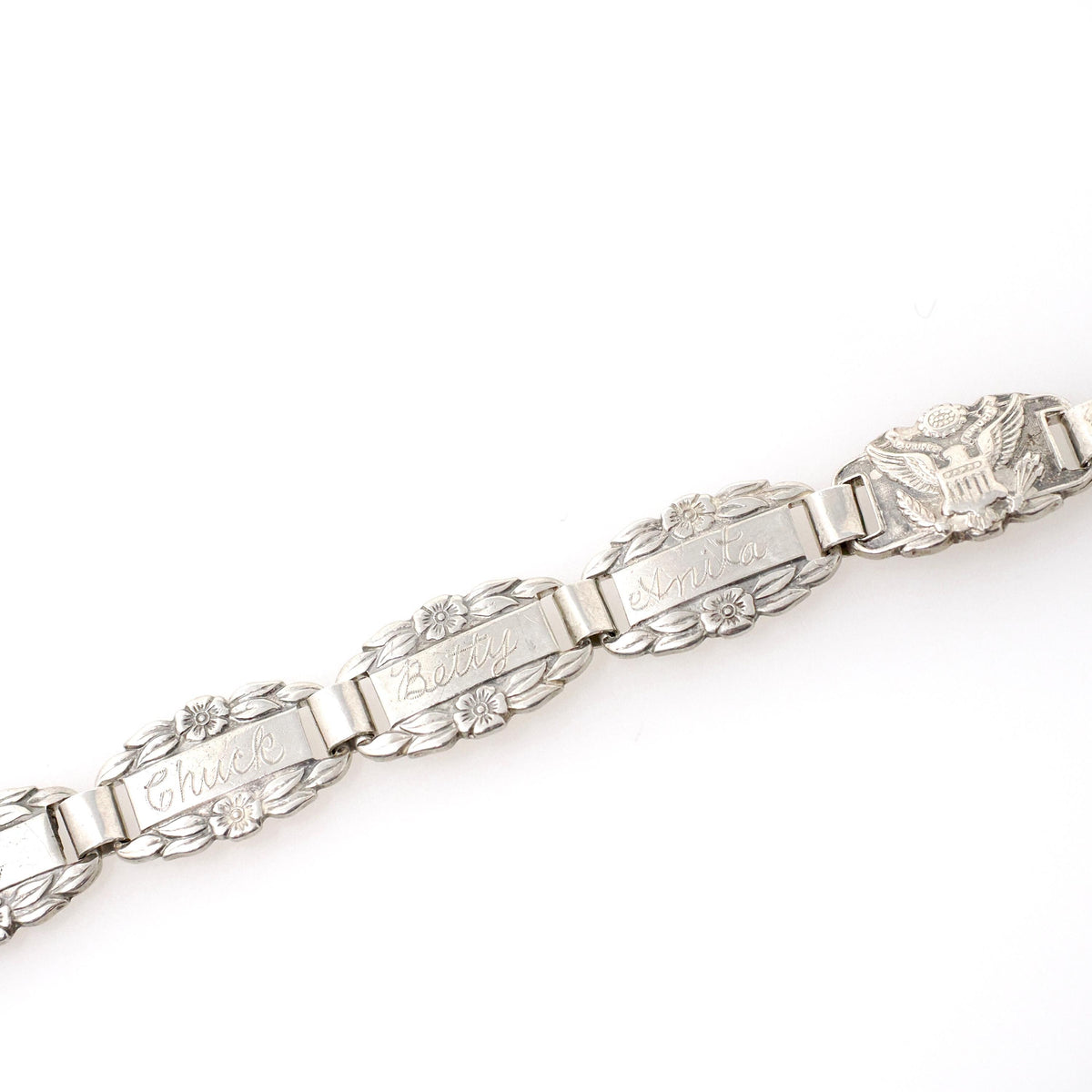 Forget Me Not Bracelet - Retro Sterling Silver Engraved Floral Panels 6.75 Inches - Vintage Circa 1940s Engraved Names Flower Family Jewelry