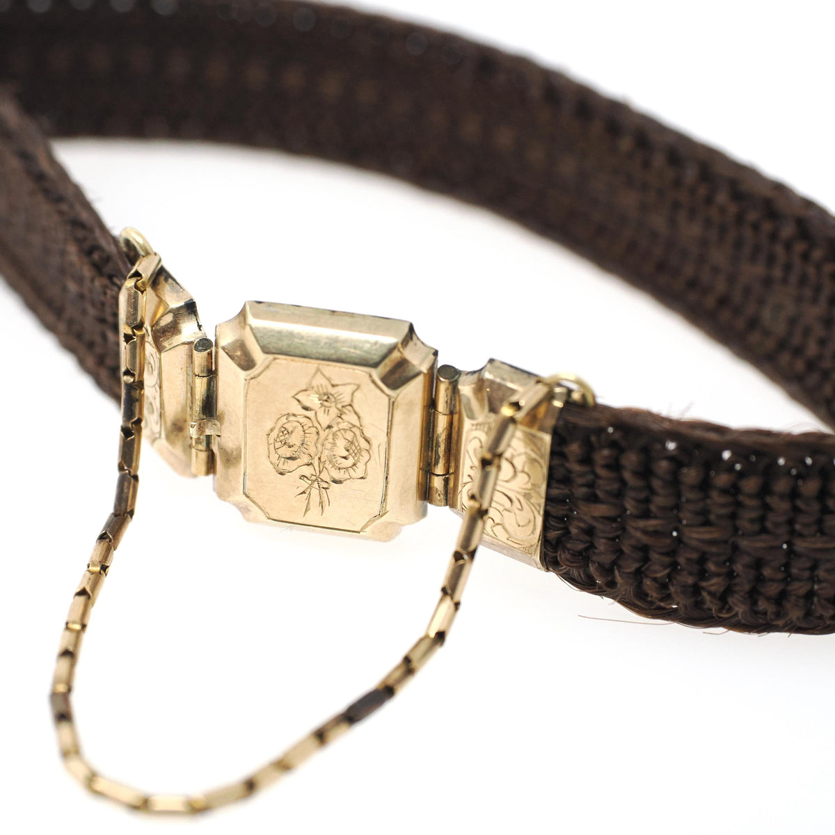 Victorian Hair Bracelet - Antique 10k Gold Woven Engraved "Cousin Sally" Mourning Jewelry - Dated 1843 Floral Motif Fine Accessory