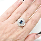 Sapphire Engagement Ring - Contemporary 14k White Gold Blue Gem & Diamond Pave Halo - Circa 1990s Era Size 6 3/4 Fine Statement Jewelry
