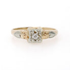 Flower Engagement Ring - Vintage 14k Yellow & White Gold Two Tone Diamond Solitaire - Circa 1940s Era Size 6 Fine Sweetheart Bridal Jewelry