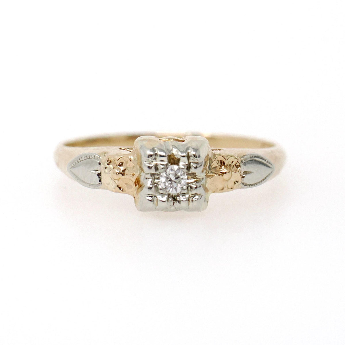 Flower Engagement Ring - Vintage 14k Yellow & White Gold Two Tone Diamond Solitaire - Circa 1940s Era Size 6 Fine Sweetheart Bridal Jewelry