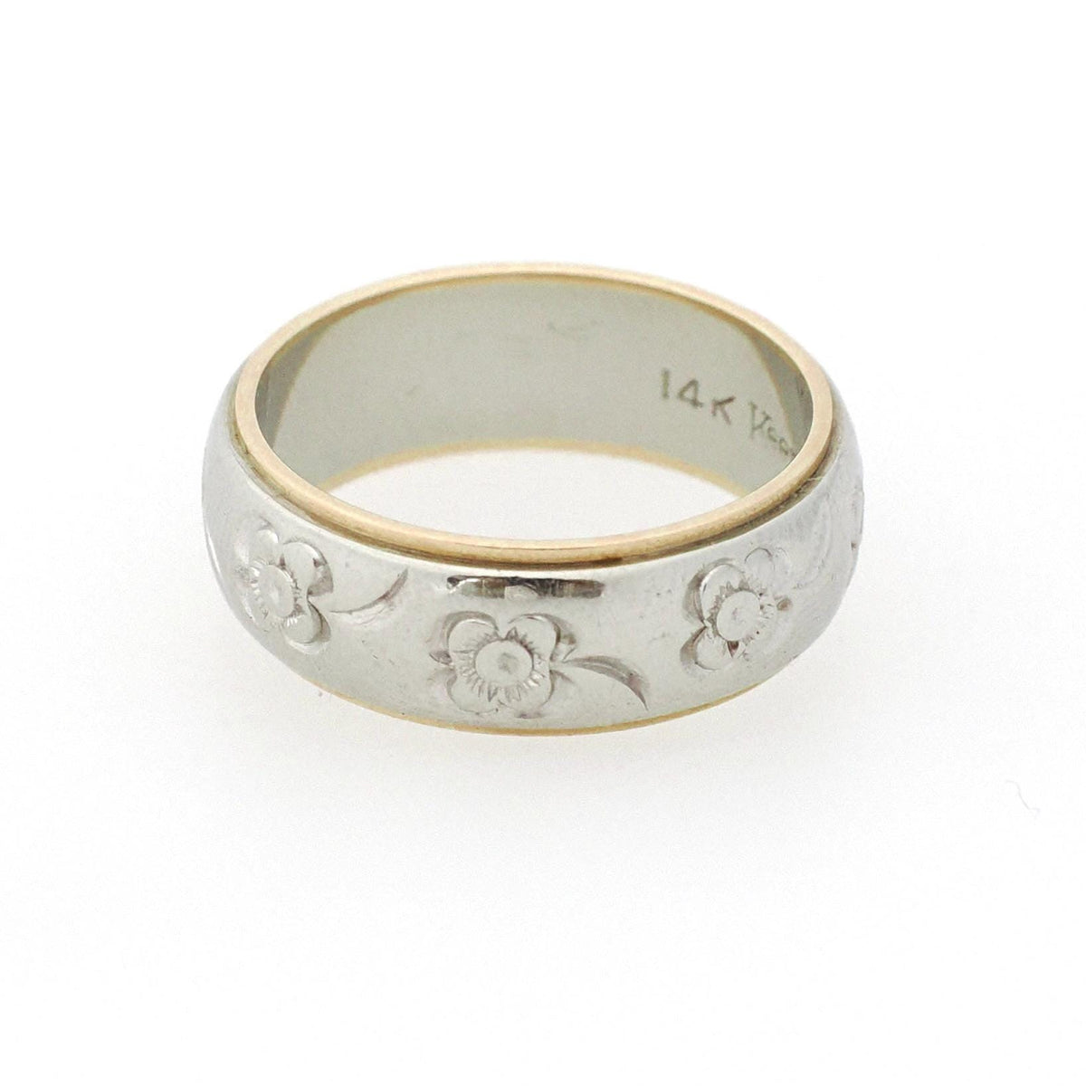 Vintage Flower Band - Mid Century 14k Yellow & White Gold Floral Design Ring - Circa 1960s Era Size 6 1/4 Two Tone Fine Statement Jewelry