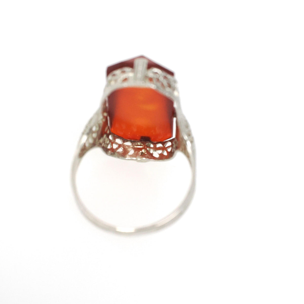 Carnelian Filigree Ring - Art Deco Era 14k White Gold Natural Orange Rectangular Gemstone Shield - Circa 1930s Size 5.5 Fine Floral Jewelry