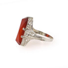 Carnelian Filigree Ring - Art Deco Era 14k White Gold Natural Orange Rectangular Gemstone Shield - Circa 1930s Size 5.5 Fine Floral Jewelry