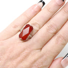 Carnelian Filigree Ring - Art Deco Era 14k White Gold Natural Orange Rectangular Gemstone Shield - Circa 1930s Size 5.5 Fine Floral Jewelry