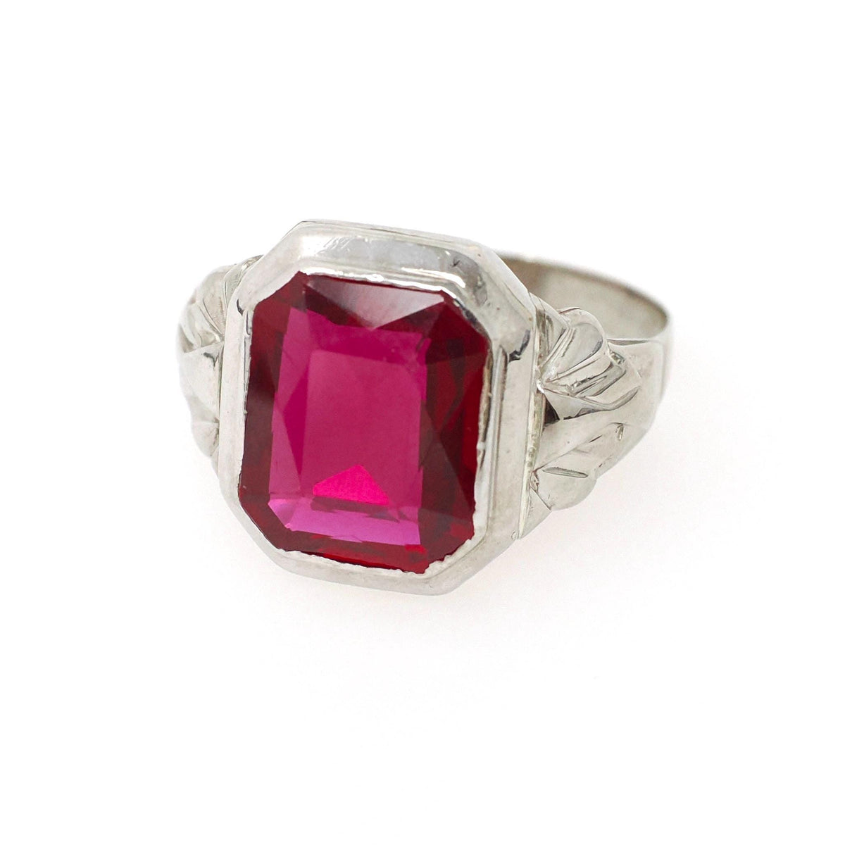 Art Deco Ring - Vintage 10k White Gold Created Red Ruby Men's Unisex Ring - Circa 1930s Size 9 1/2 July Birthstone Statement Fine Jewelry