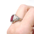 Art Deco Ring - Vintage 10k White Gold Created Red Ruby Men's Unisex Ring - Circa 1930s Size 9 1/2 July Birthstone Statement Fine Jewelry