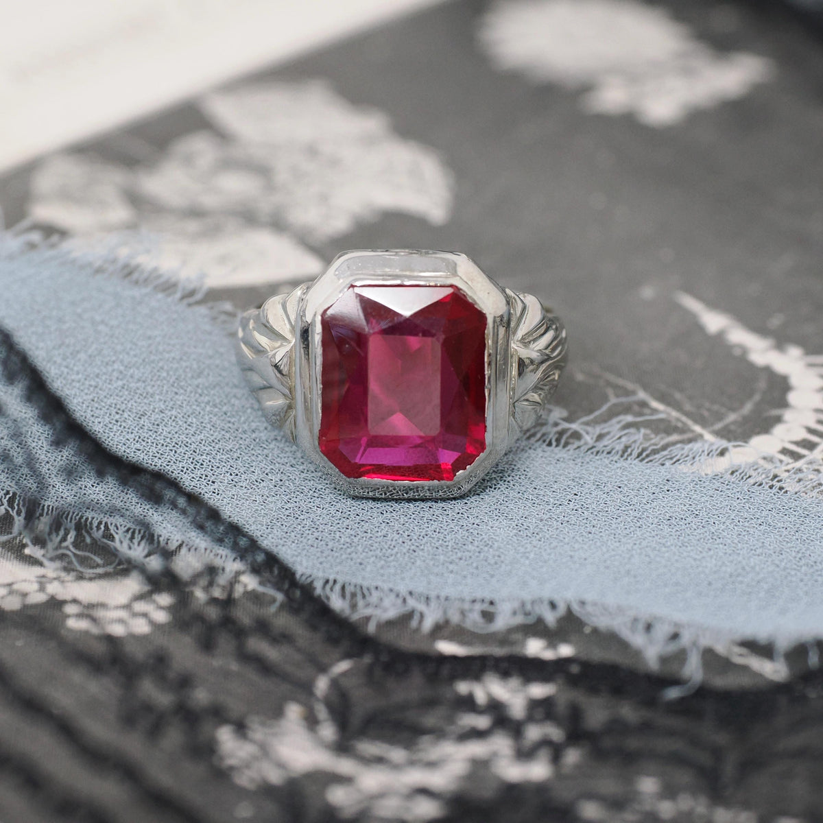 Art Deco Ring - Vintage 10k White Gold Created Red Ruby Men's Unisex Ring - Circa 1930s Size 9 1/2 July Birthstone Statement Fine Jewelry