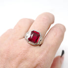 Art Deco Ring - Vintage 10k White Gold Created Red Ruby Men's Unisex Ring - Circa 1930s Size 9 1/2 July Birthstone Statement Fine Jewelry