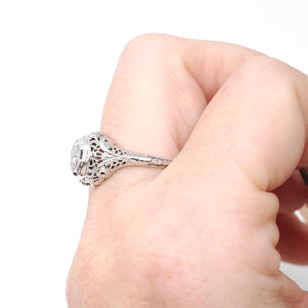 Vintage Diamond Ring - Art Deco 18k White Gold Natural .06 CT Engagement Solitaire - Circa 1930s Size 8 Octagonal Filigree Fine Jewelry