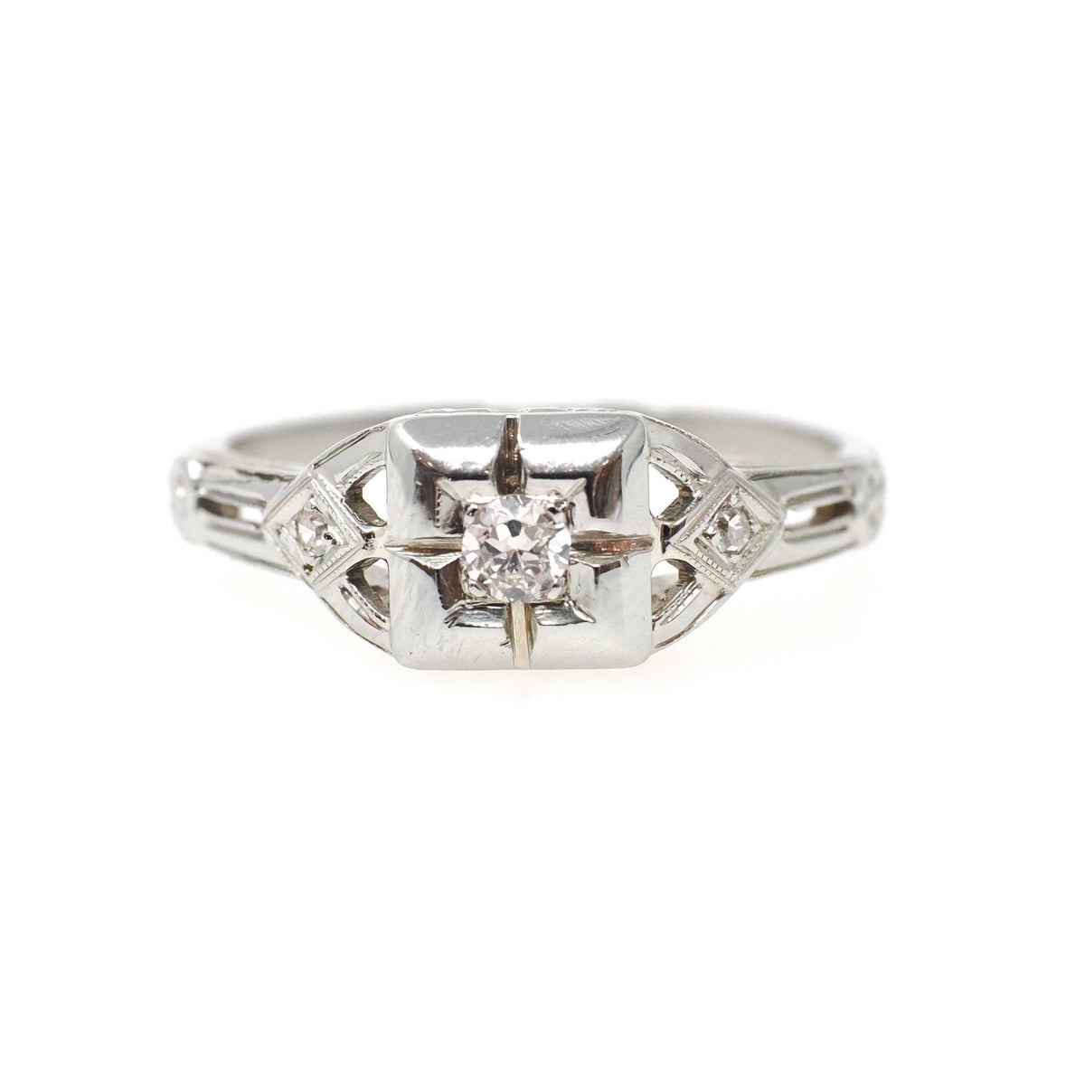 Vintage Diamond Ring - Art Deco 18k White Gold Natural .08CT Engagement Solitaire - Circa 1930s Size 6.5 Square Flower Filigree Fine Jewelry