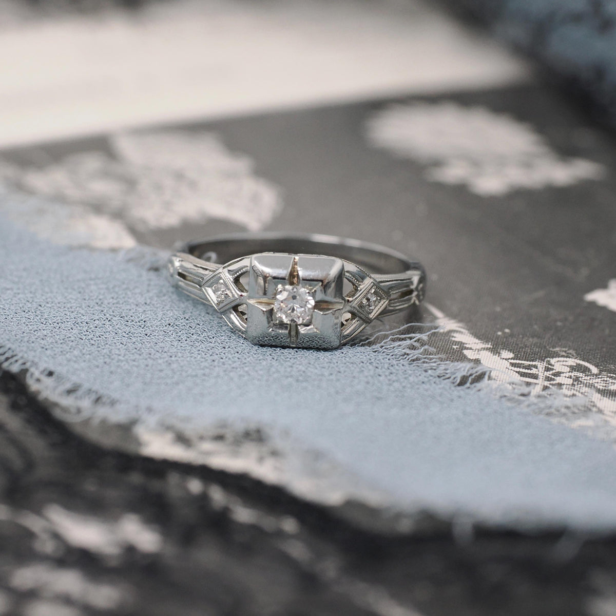 Vintage Diamond Ring - Art Deco 18k White Gold Natural .08CT Engagement Solitaire - Circa 1930s Size 6.5 Square Flower Filigree Fine Jewelry