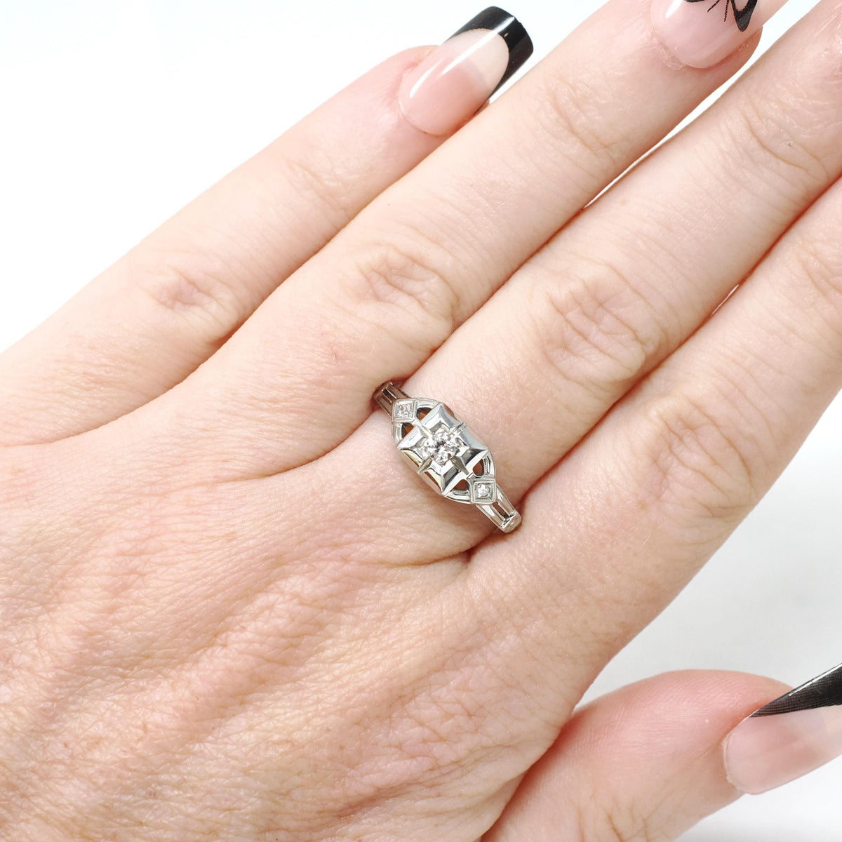 Vintage Diamond Ring - Art Deco 18k White Gold Natural .08CT Engagement Solitaire - Circa 1930s Size 6.5 Square Flower Filigree Fine Jewelry
