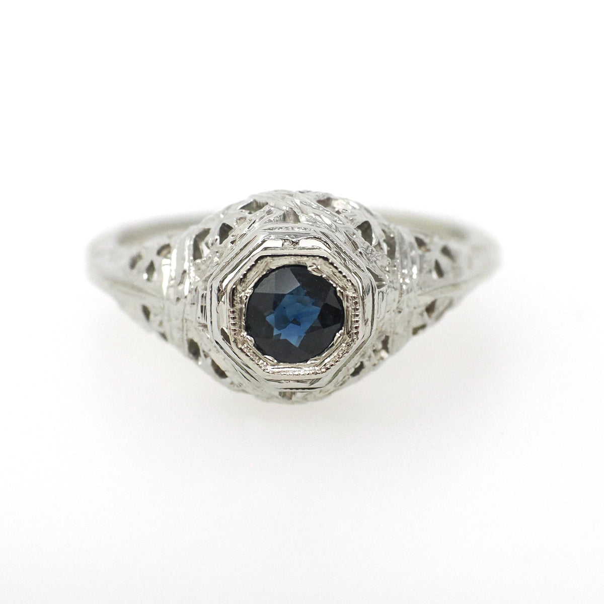 Art Deco Sapphire Ring - Vintage 18k White Gold Natural Blue Corundum - Circa 1930s Era Size 6 Engagement Filigree Solitaire Fine Jewelry