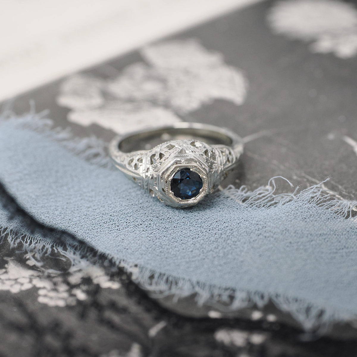 Art Deco Sapphire Ring - Vintage 18k White Gold Natural Blue Corundum - Circa 1930s Era Size 6 Engagement Filigree Solitaire Fine Jewelry