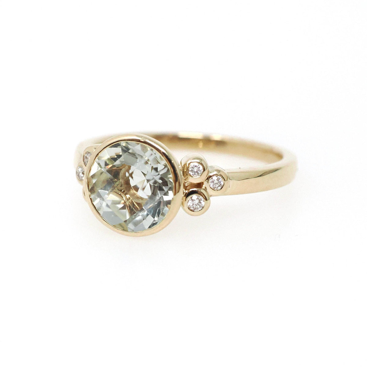 Prasiolite Diamond Ring - Contemporary 14k Yellow Gold Round Natural Green Amethyst Quartz - Modern Circa 2000s Era Size 7 1/4 Fine Jewelry
