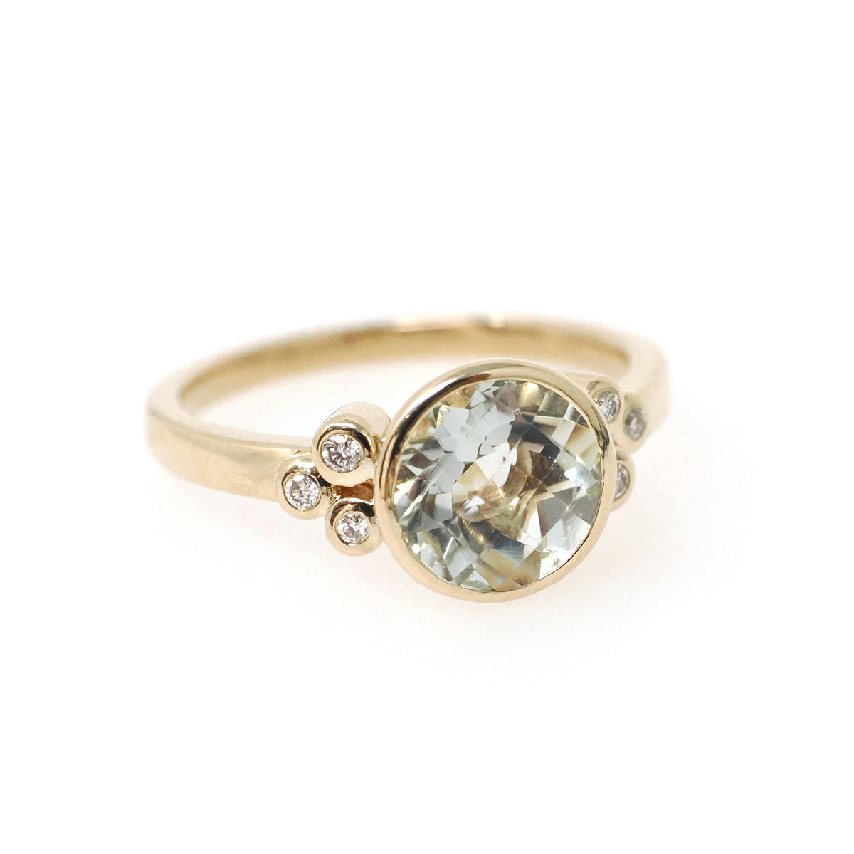 Prasiolite Diamond Ring - Contemporary 14k Yellow Gold Round Natural Green Amethyst Quartz - Modern Circa 2000s Era Size 7 1/4 Fine Jewelry