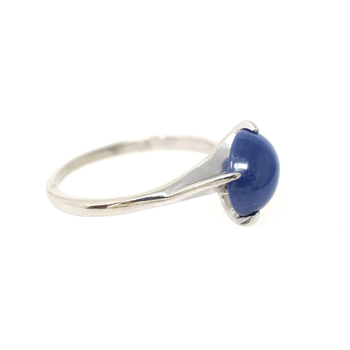 Created Star Sapphire Ring - Modernist 14k White Gold Blue Cabochon Bypass - Circa 1960s Era Size 5 September Birthstone Fine Jewelry