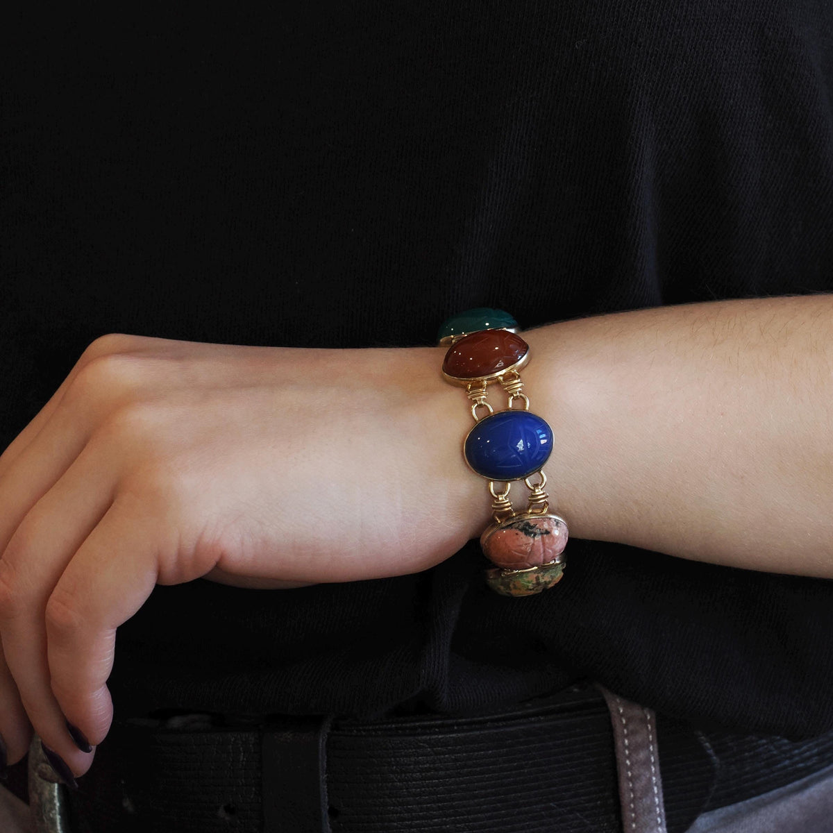 Vintage Scarab Bracelet - 14k Gold Filled Carved Natural Banded Agate Rhodonite Unakite Gems - Circa 1960s Era Egyptian Revival Jewelry