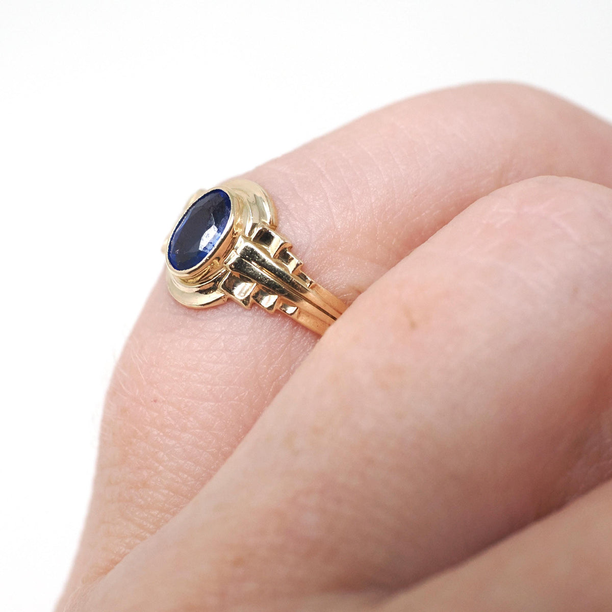Vintage Baby Ring - Retro 10k Yellow Gold Blue Garnet Glass Doublet Midi Pinky Jewelry - Circa 1940s Size 2 September Birthstone Jewelry