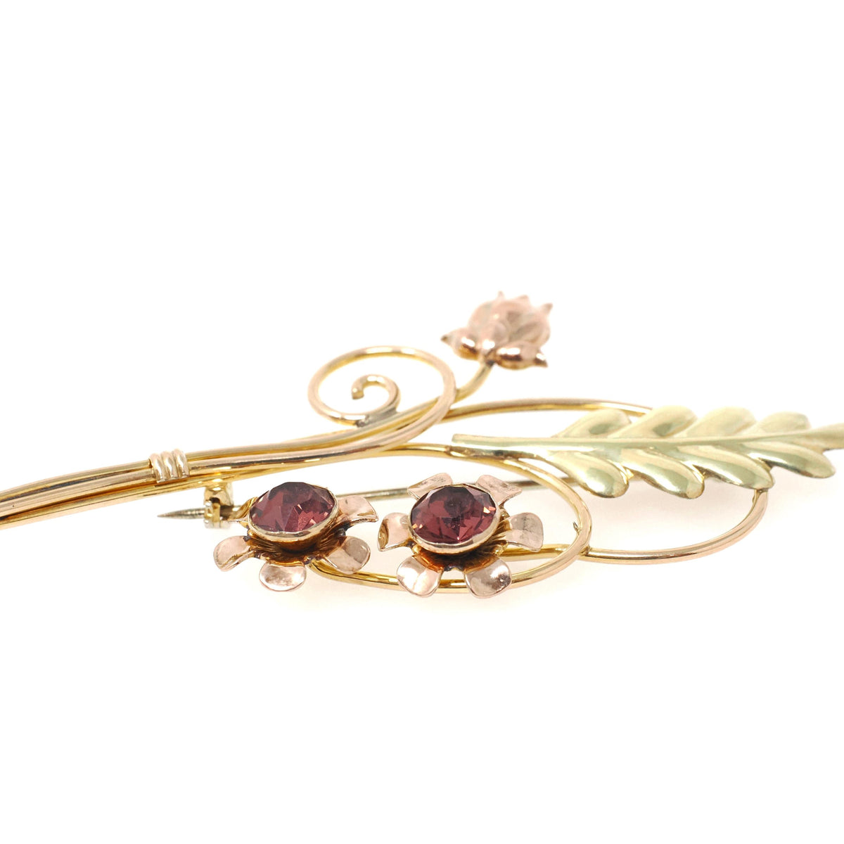 Vintage Bouquet Brooch - Retro Gold Wash Sterling Silver & Gold Filled Purple Glass Pin - Circa 1940s Floral Leaf Fashion Accessory Jewelry